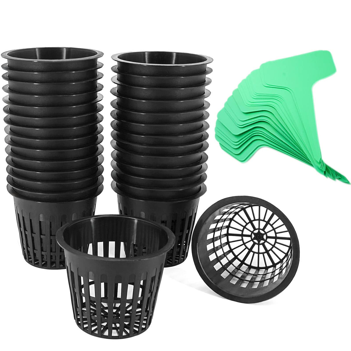 Business King 3-inch net pot with plant labels for organized hydroponics.