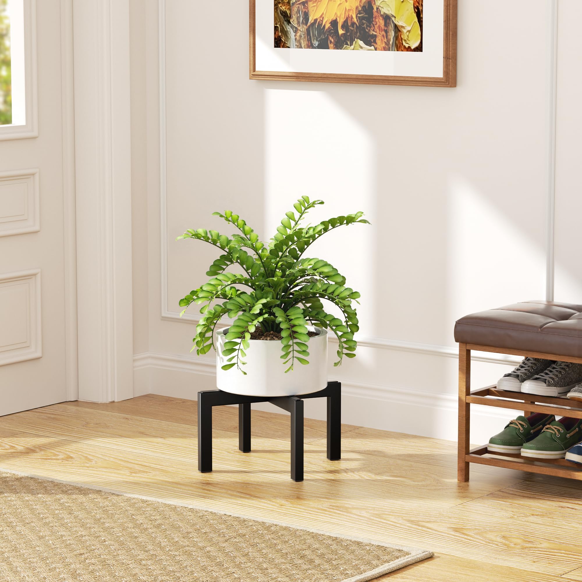 Bussdis metal plant stand shows anti-slip pads for floor grip.