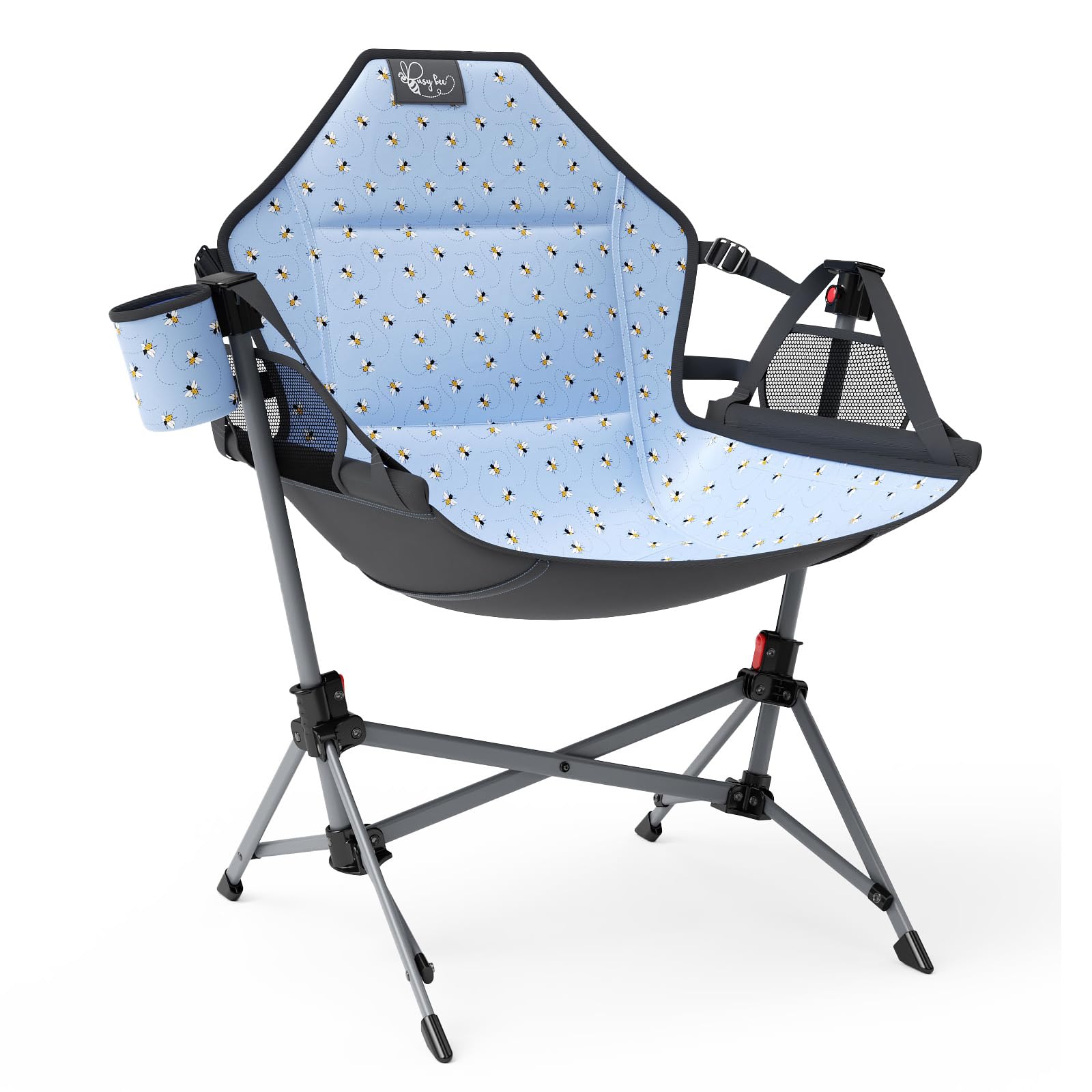 Busy Bee hammock chair open on blue stand for kids' outdoor seating.