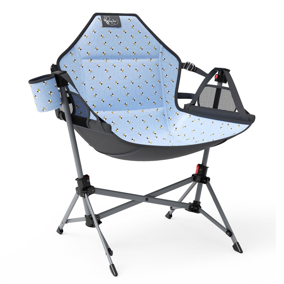 Busy Bee hammock chair open on blue stand for kids' outdoor seating.