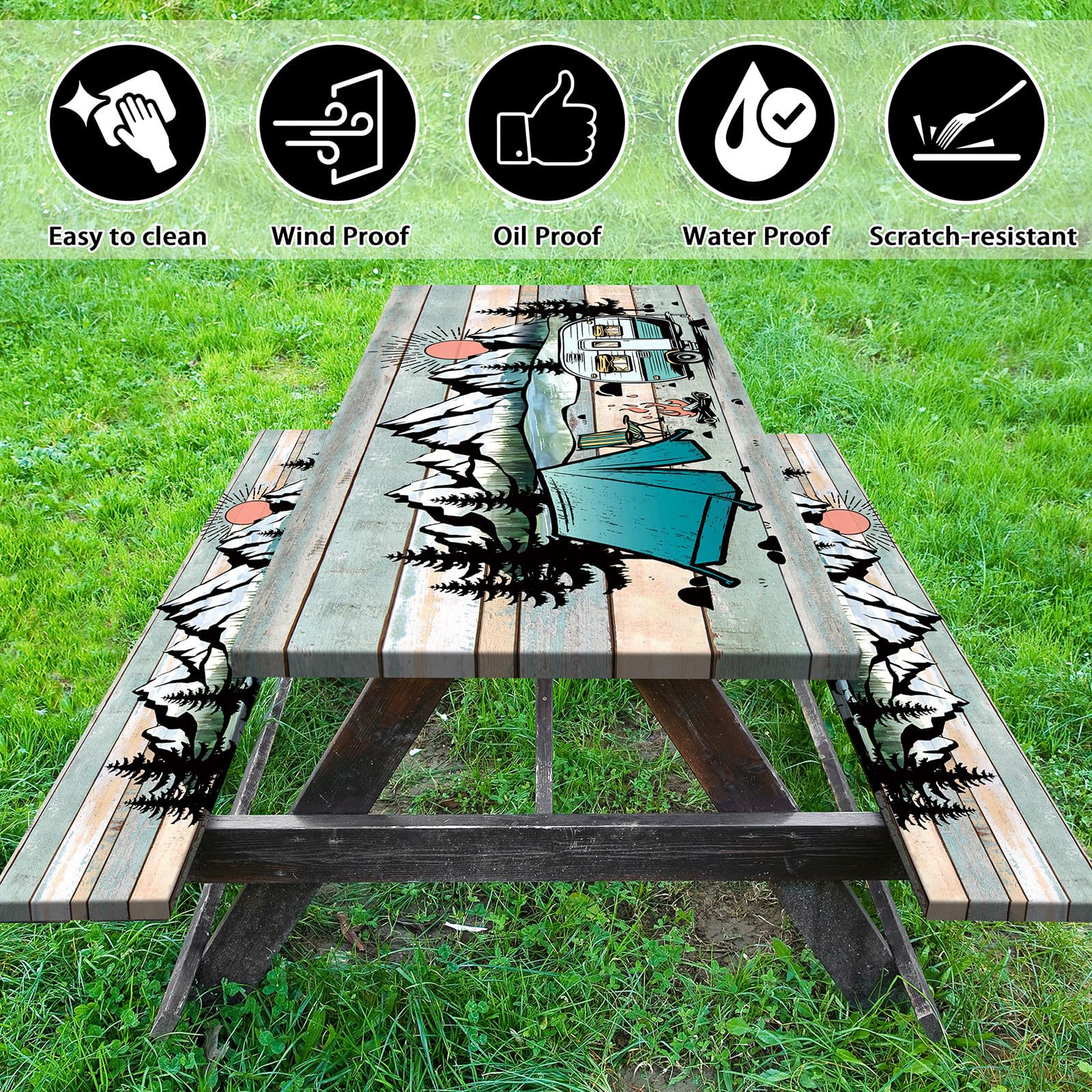 Butaluk bench cover with elastic edge secures benches during windy picnics.