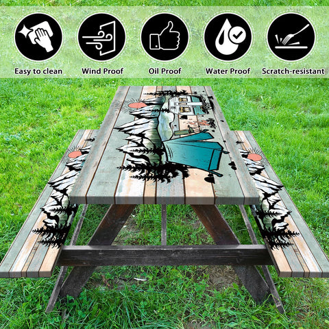 Butaluk bench cover with elastic edge secures benches during windy picnics.