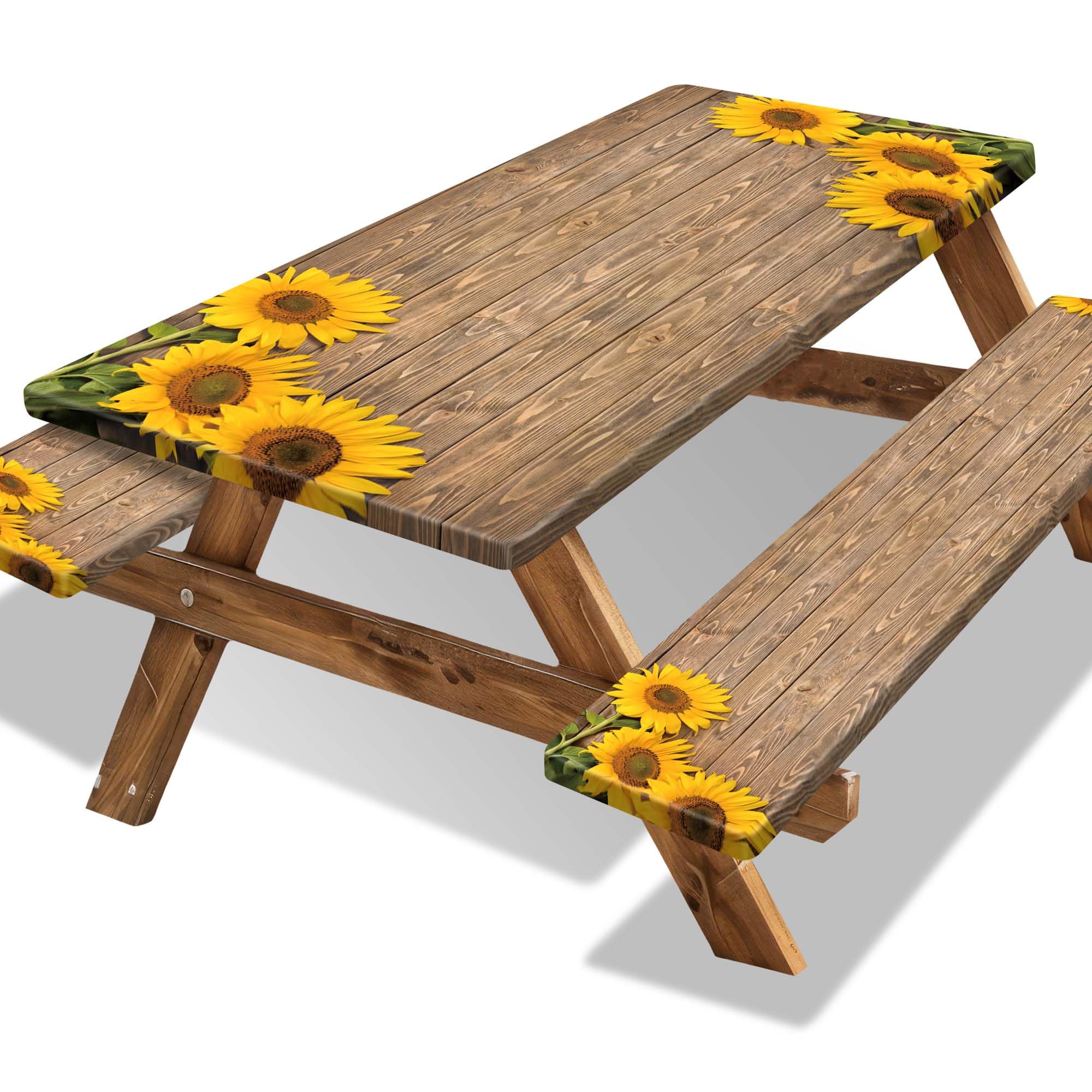 Butaluk picnic table cover with sunflower wood texture protecting the table surface