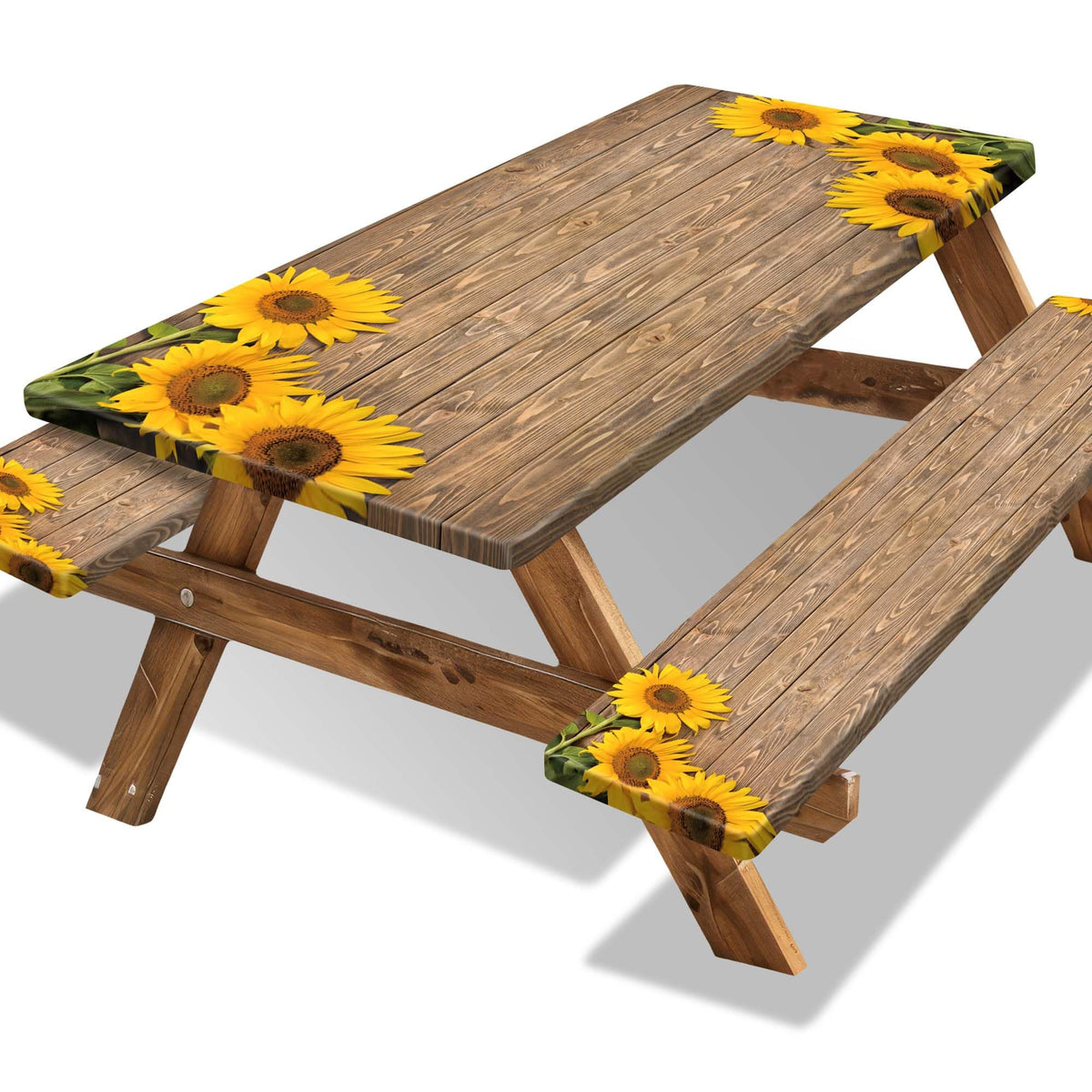 Butaluk picnic table cover with sunflower wood texture protecting the table surface