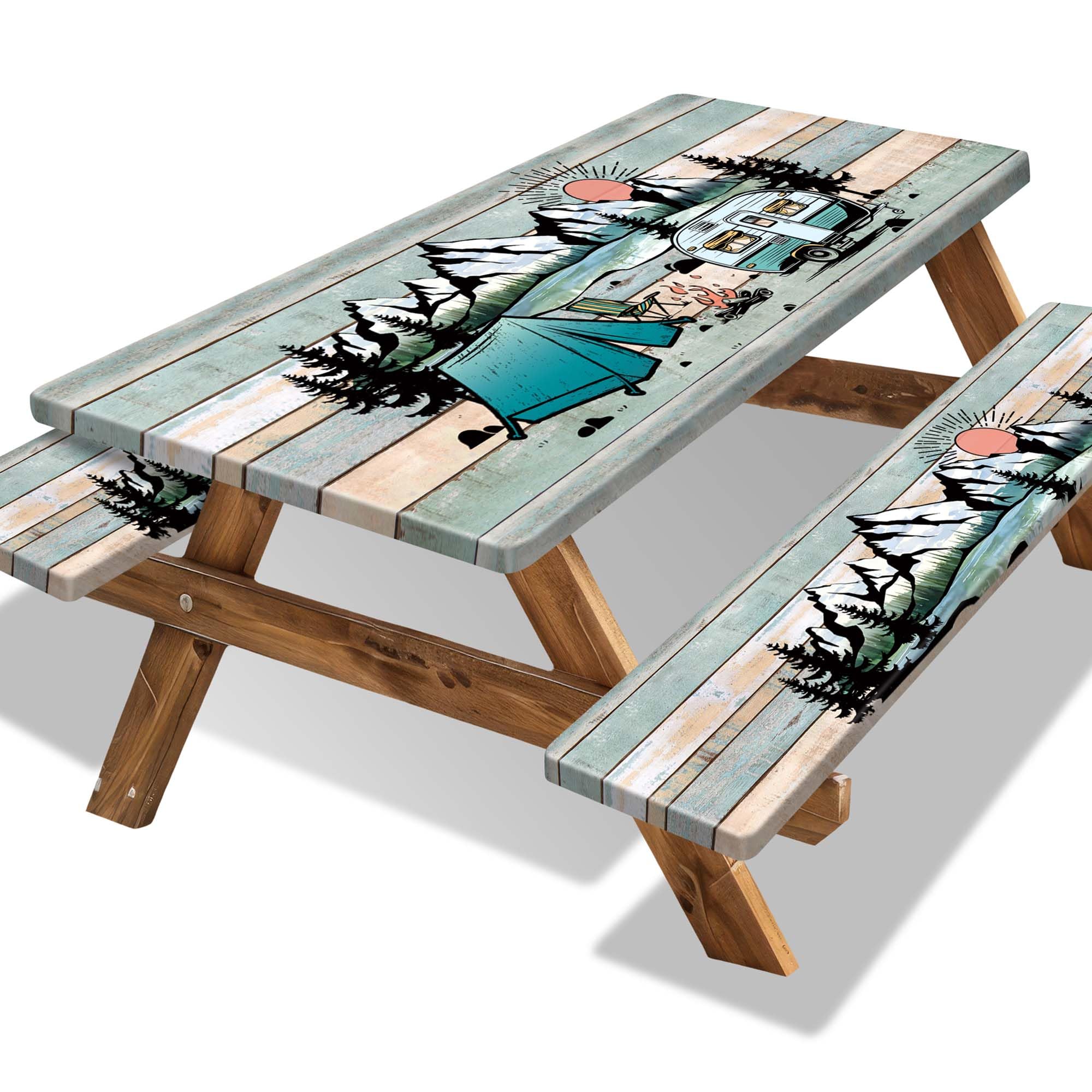 Butaluk picnic table cover with wood texture protects outdoor dining.