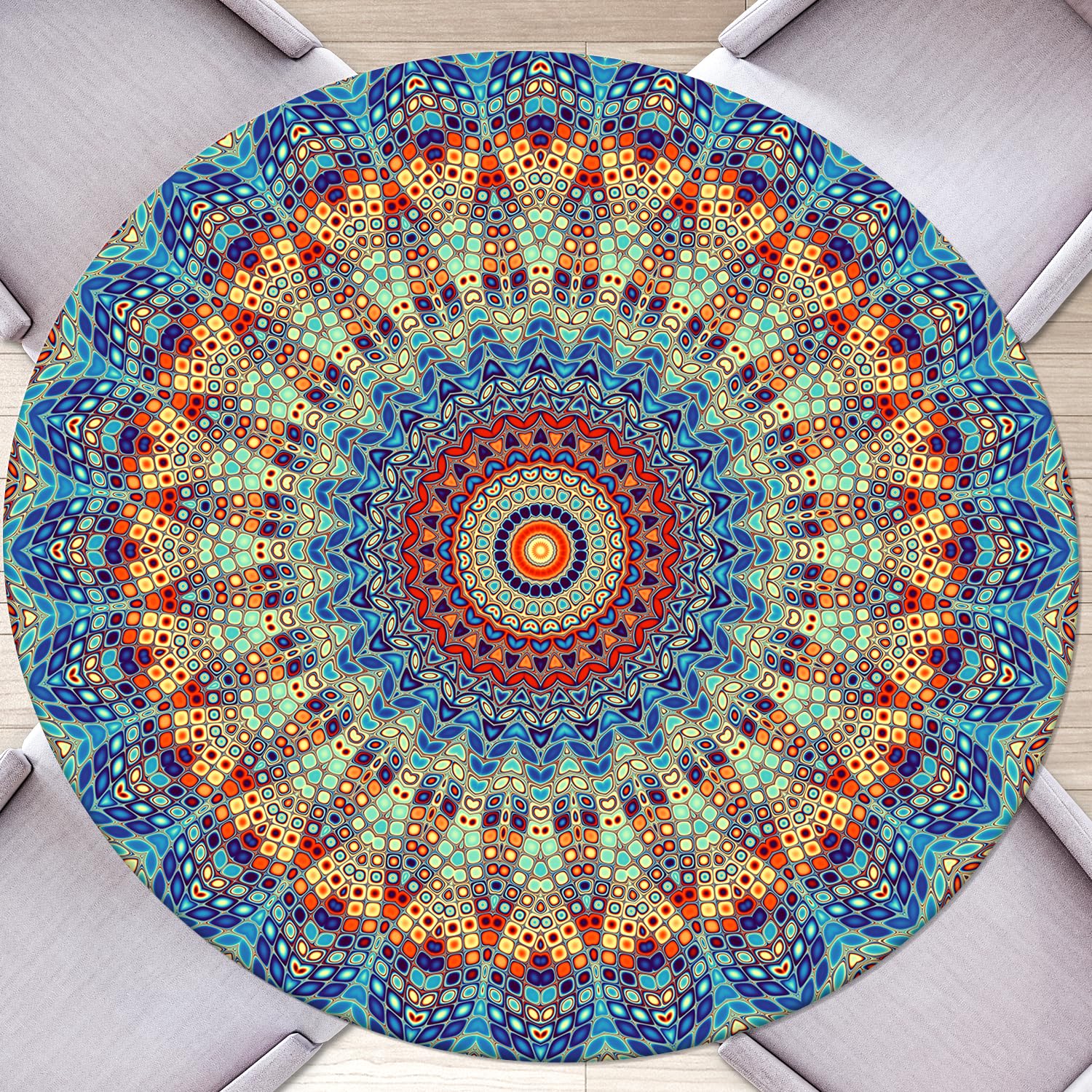 Butaluk round fitted tablecloth with elastic secures blue cover on outdoor table for a neat look