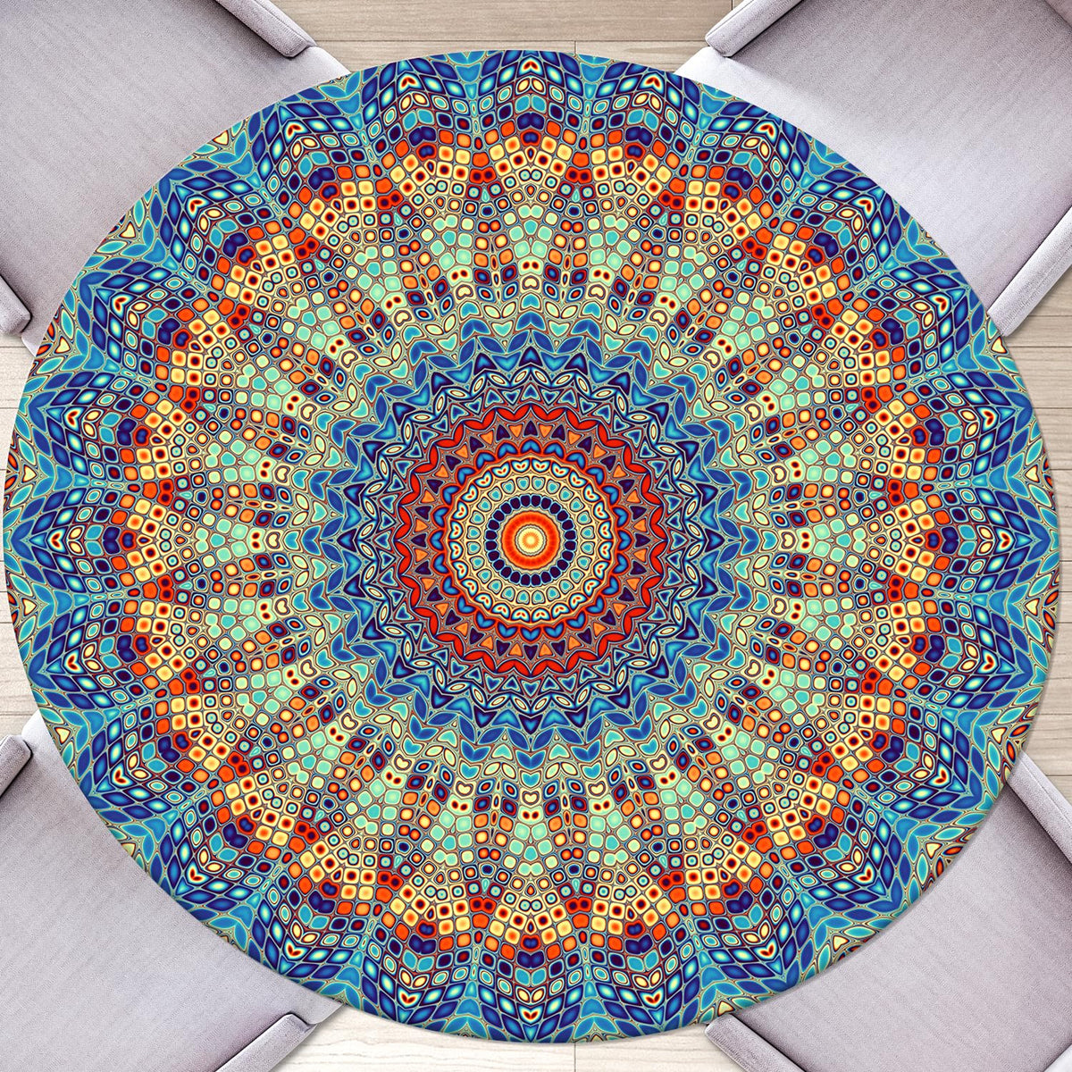 Butaluk round fitted tablecloth with elastic secures blue cover on outdoor table for a neat look