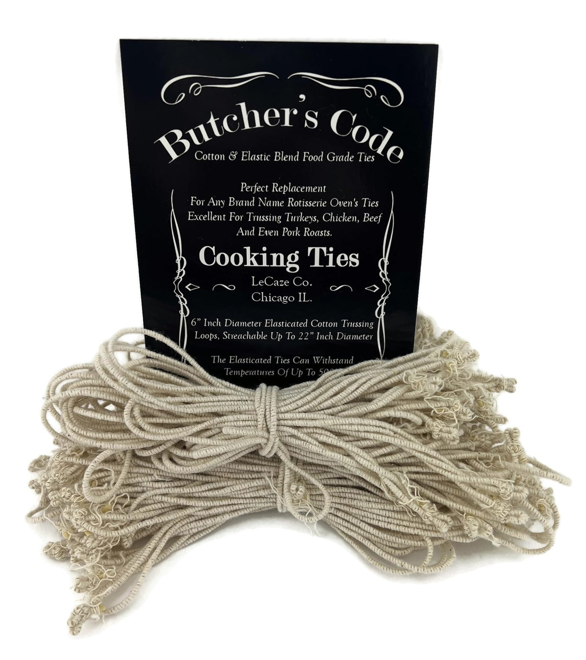 Butcher's Code rotisserie ties close-up loop detail for secure poultry trussing.