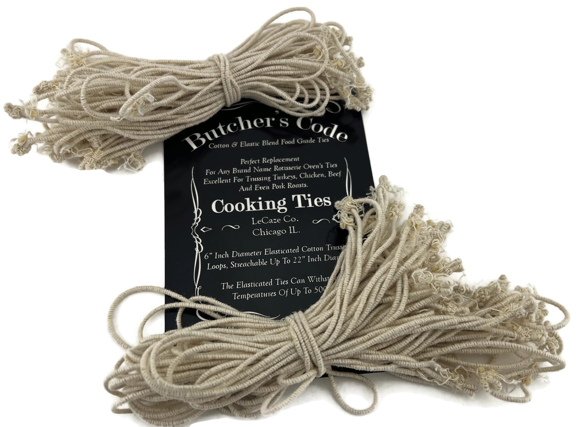 Butcher's Code universal-fit rotisserie ties shown in use for holiday dishes.