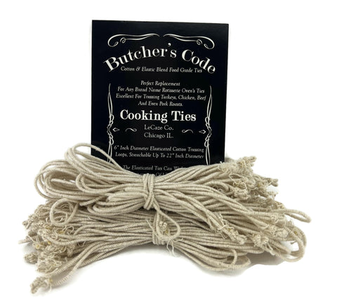 Butcher's Code rotisserie ties securing turkey and stuffed meat for even cooking.