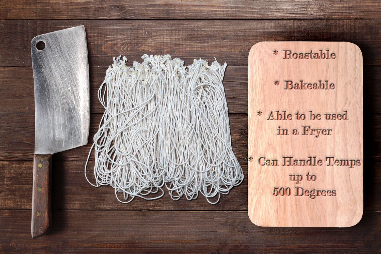 Butcher's Code rotisserie ties stretch range showing 6-inch loop expanding to 22 inches.