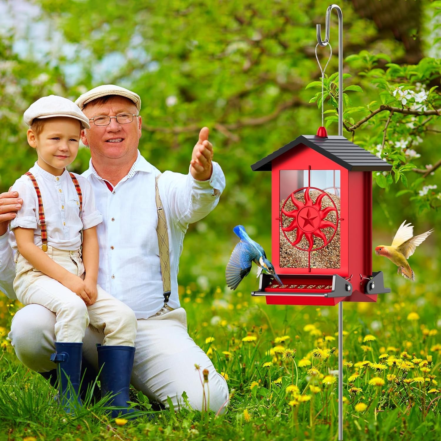 Buteafly backyard feeder attracting cardinals and blue jays for lively visits.