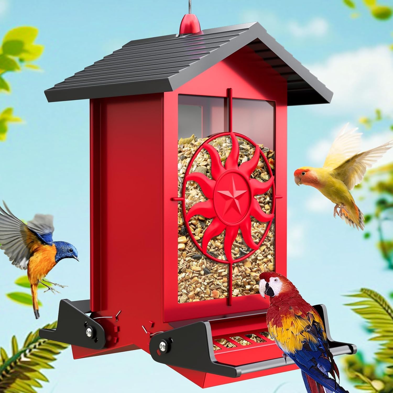 Buteafly metal squirrel-proof feeder, red front view, helps protect seed from cheeky squirrels.