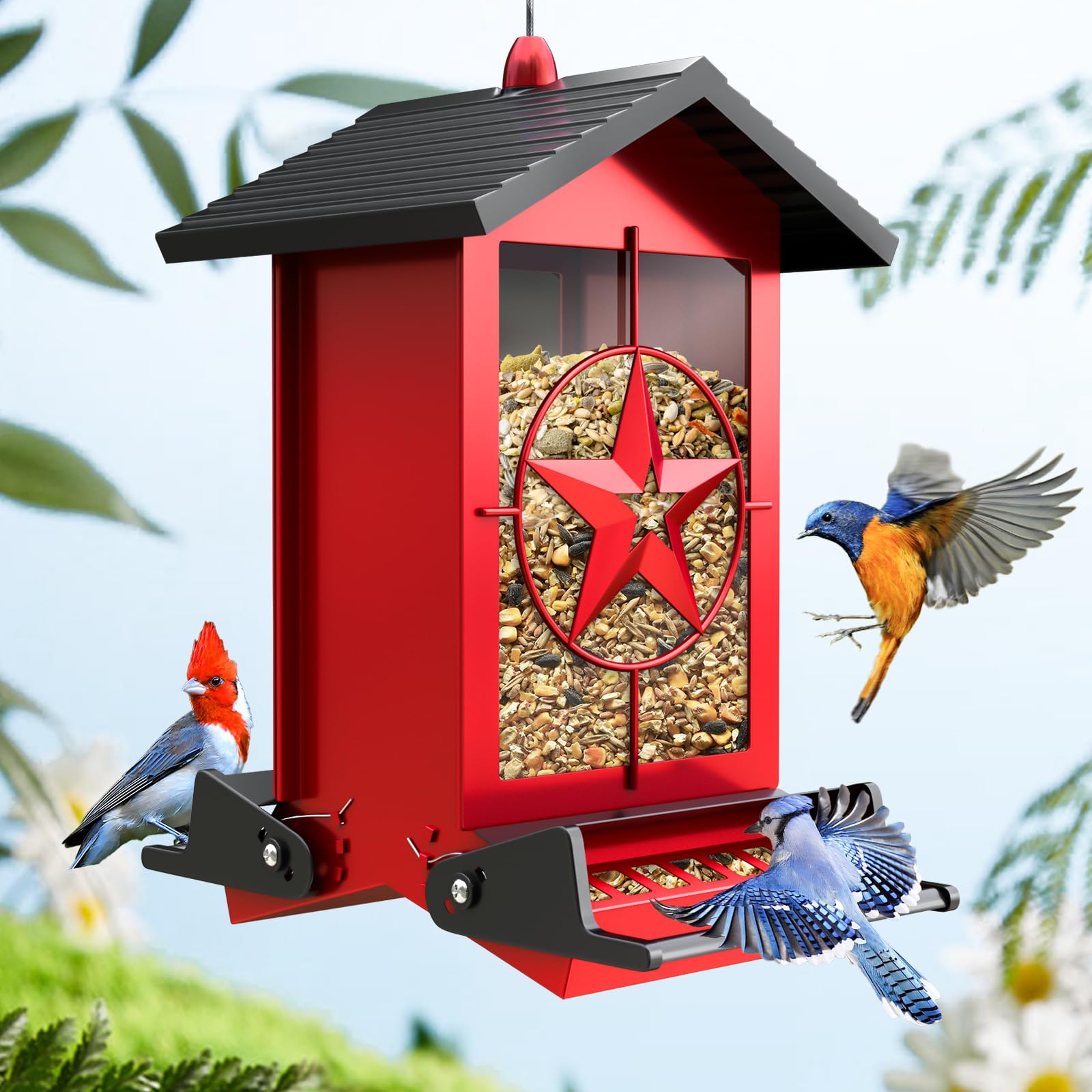 Buteafly squirrel-proof feeder red front view showing ready-to-serve birds