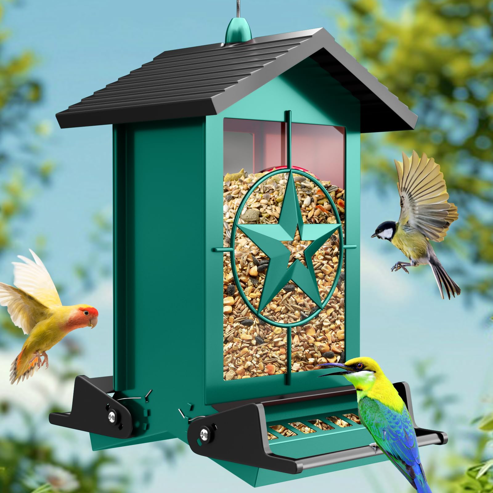 Buteafly feeder with weight-activated perches attracting birds and reducing waste