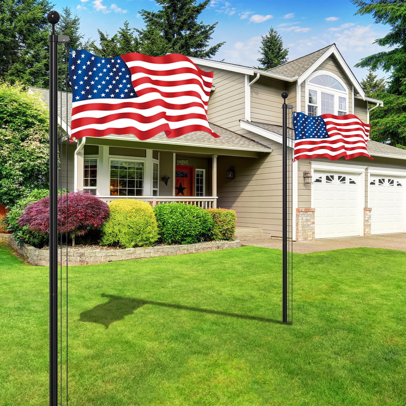 Butizone flag pole with rotating base supports tangle-free flag flying.