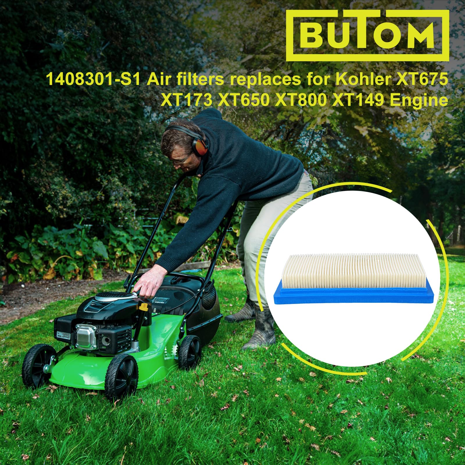 Butom air filter packaging illustrating easy replacement and handling
