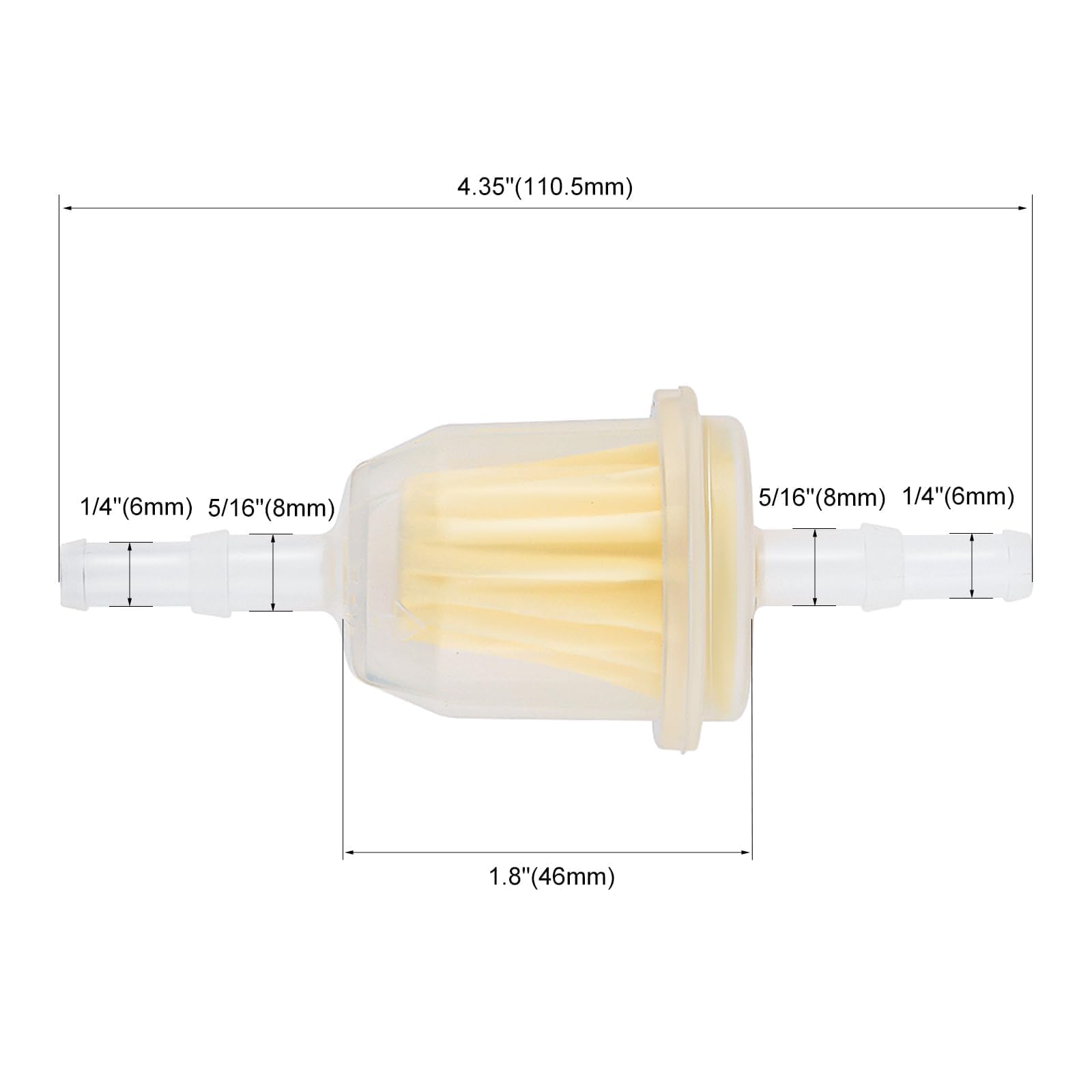 Butom AM116304 inline fuel filter compatible with 1/4 and 5/16 inch fuel lines.