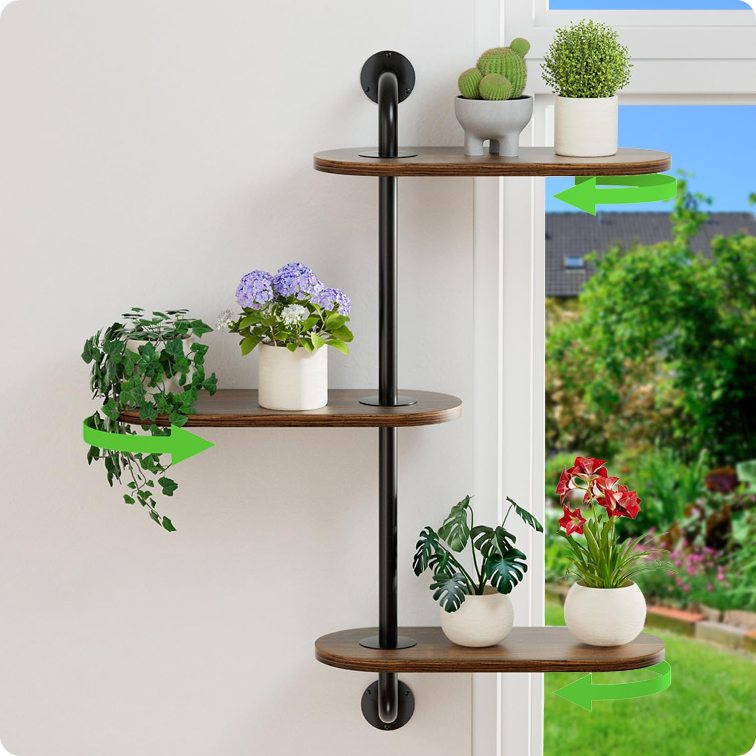 BUTUNITA rotating window shelf 3-tier displaying sun-loving plants for compact spaces