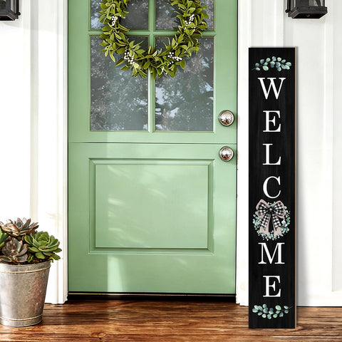 Buxjexh eucalyptus wreath welcome sign on black backdrop for year-round curb appeal.