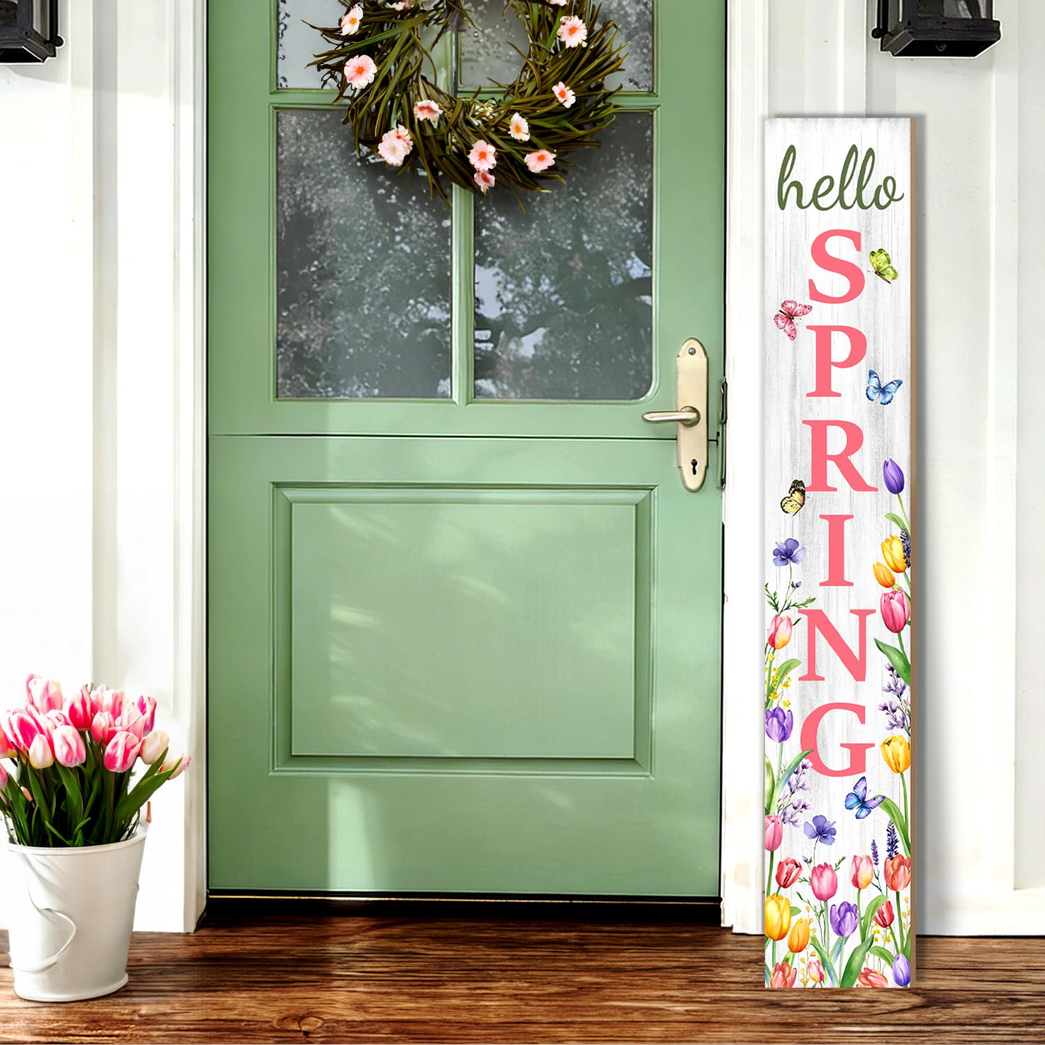 Buxjexh Hello Spring porch sign with tulips and butterflies for front porch decor