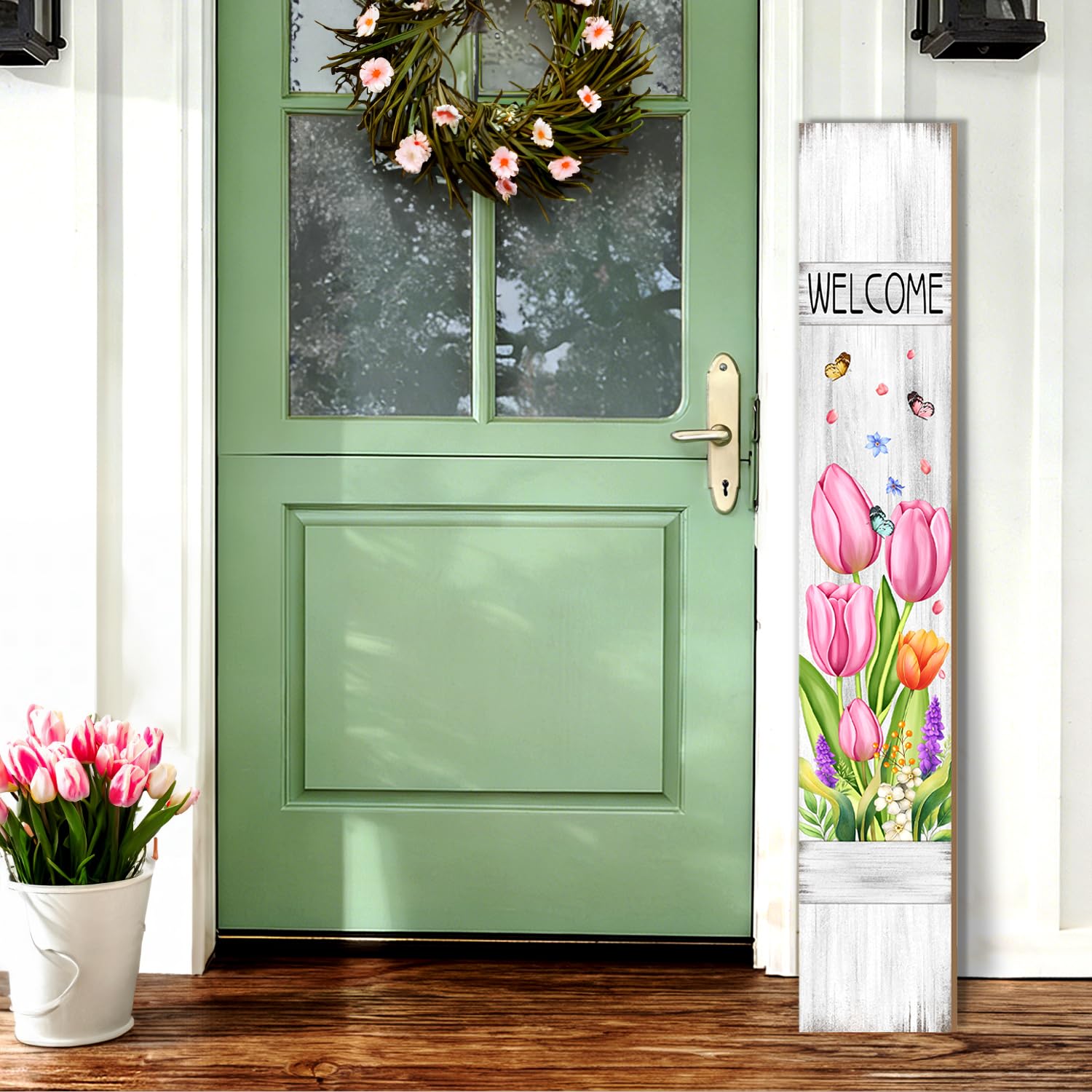 Buxjexh Spring Flower Welcome Sign on front porch enhances curb appeal with floral charm