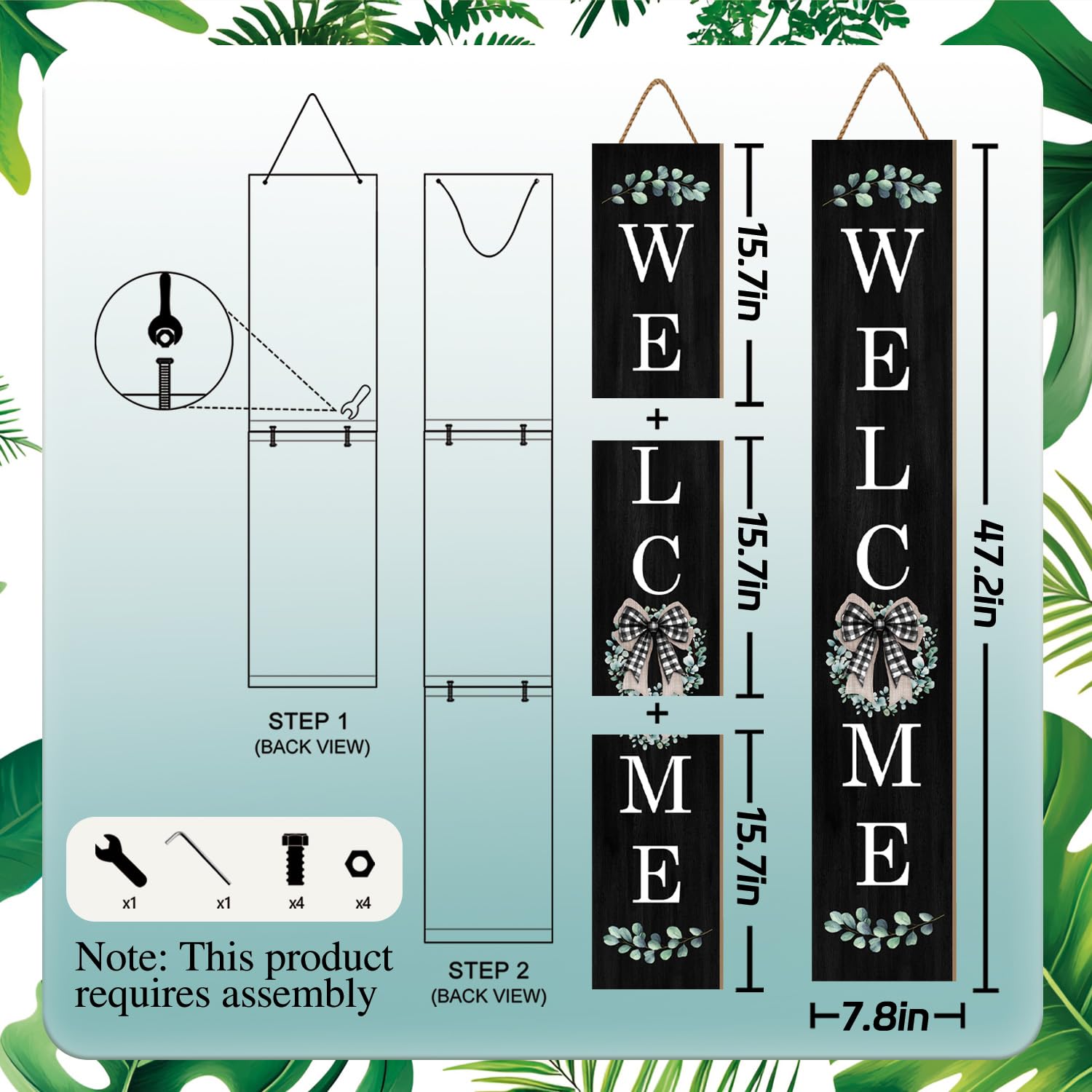 Buxjexh close-up of white welcome lettering with eucalyptus accent for inviting entryways.