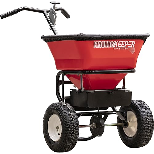 Buyers Grounds Keeper spreader delivers up to 24 ft coverage for even spread.