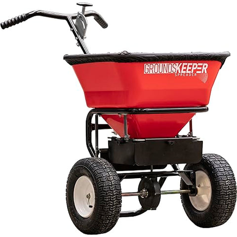Buyers Grounds Keeper spreader delivers up to 24 ft coverage for even spread.
