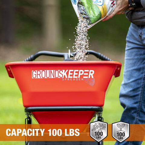 Buyers Grounds Keeper spreader includes hopper screen and nylon rain cover.
