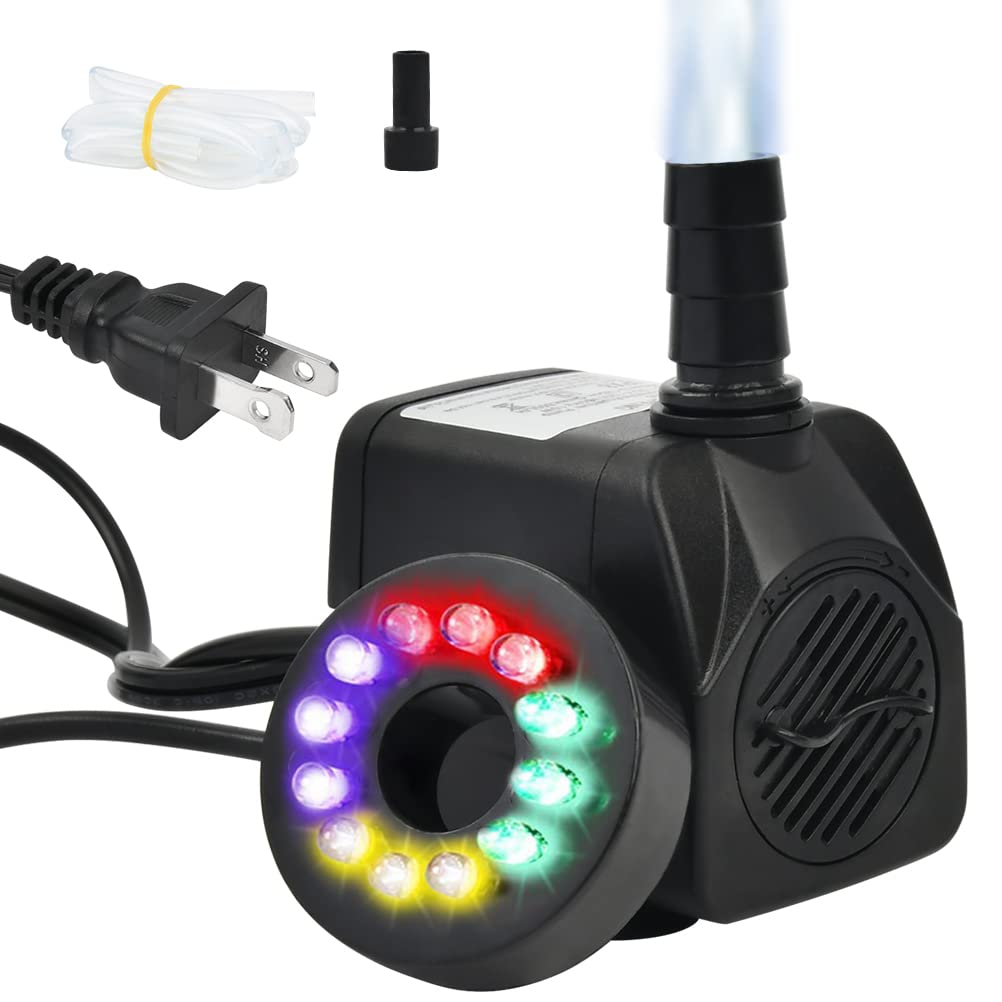 BUYGOO 10W LED fountain pump with bright lights enhances night water features.