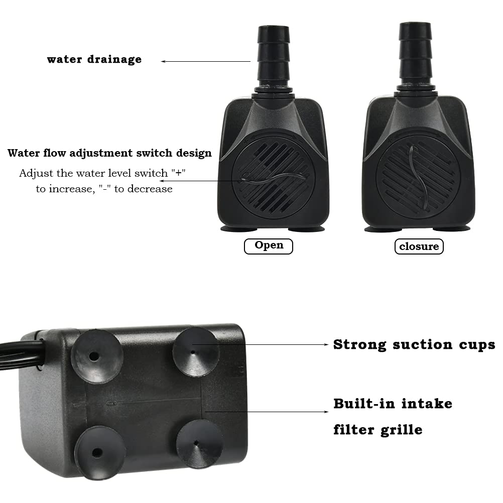 BUYGOO compact submersible pump fits neatly in small ponds or tanks.