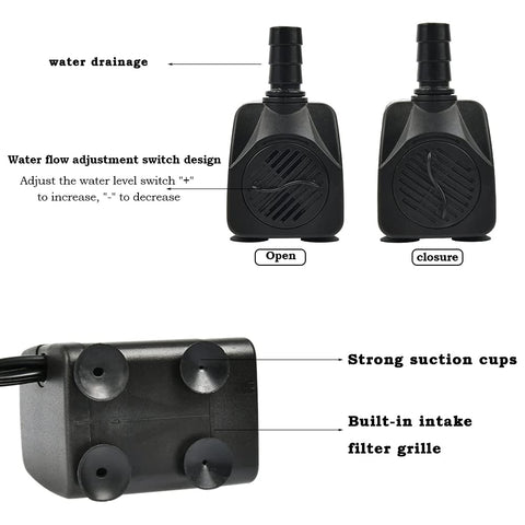 BUYGOO compact submersible pump fits neatly in small ponds or tanks.