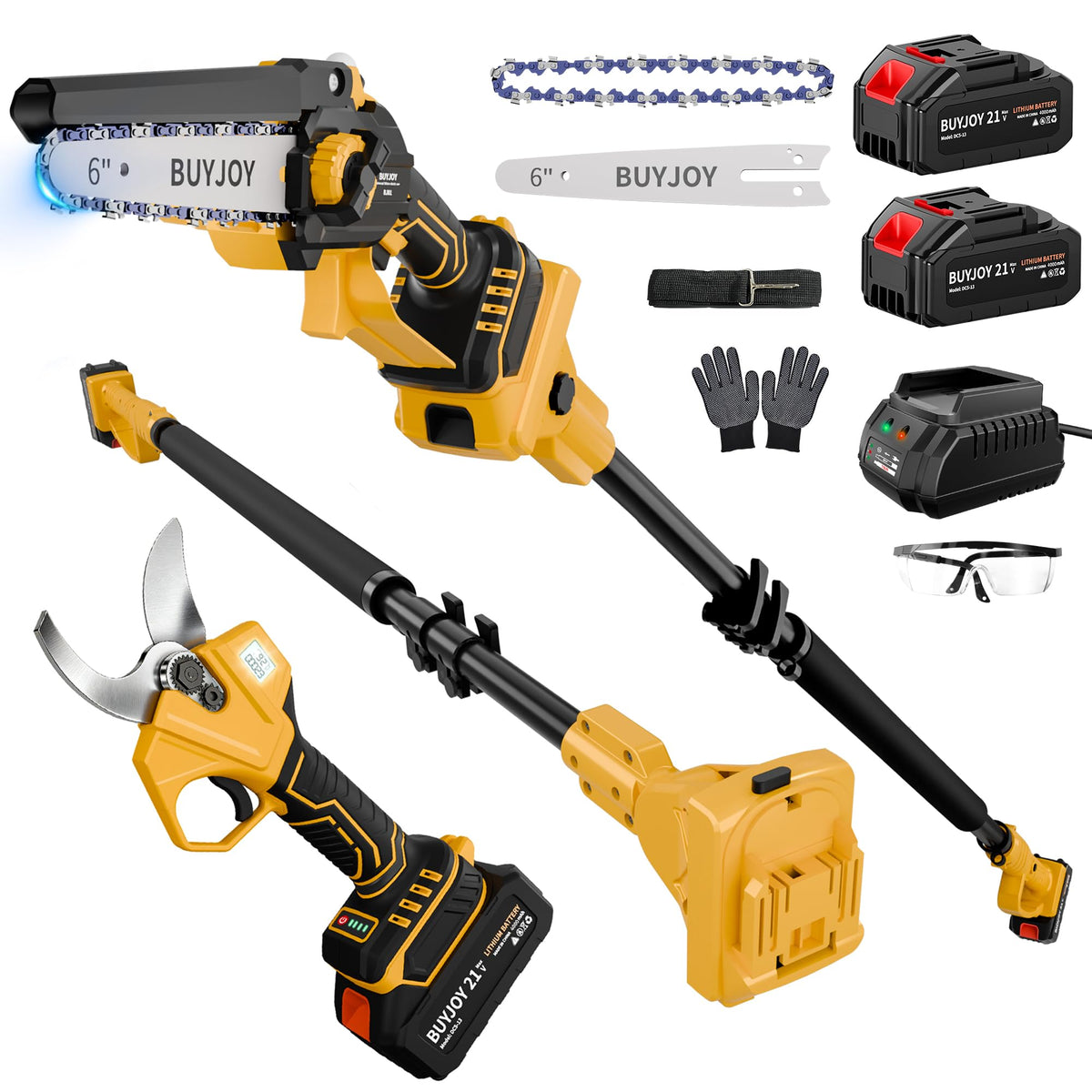 BuyJoy 4-in-1 pole saw kit ready for versatile garden pruning.
