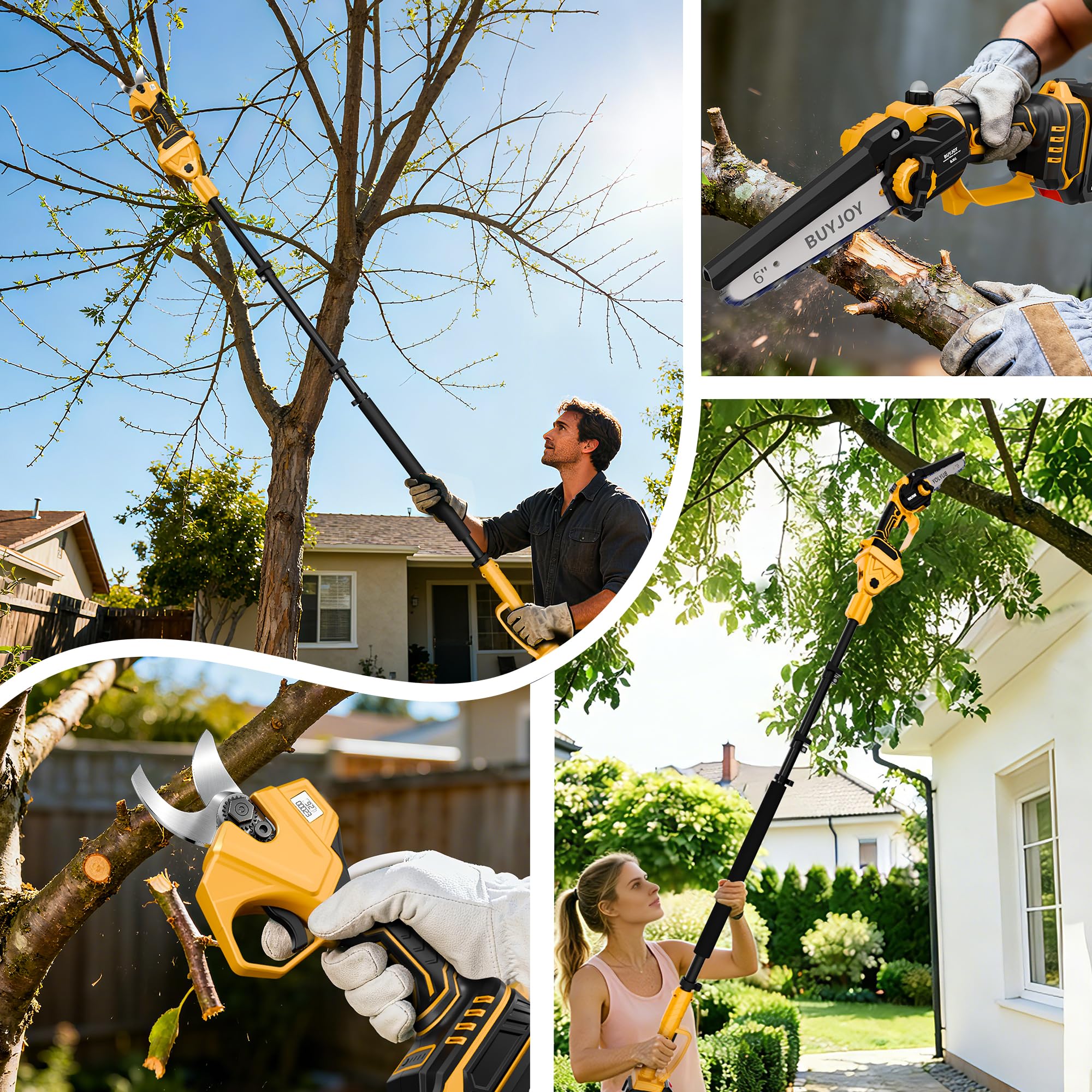 BuyJoy 6-inch pole saw cutting thick branches from the ground.