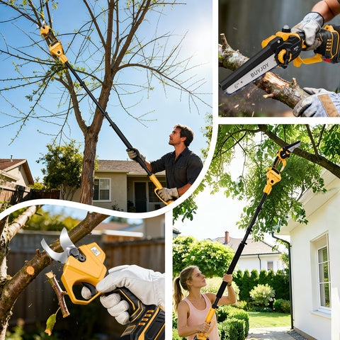 BuyJoy 6-inch pole saw cutting thick branches from the ground.