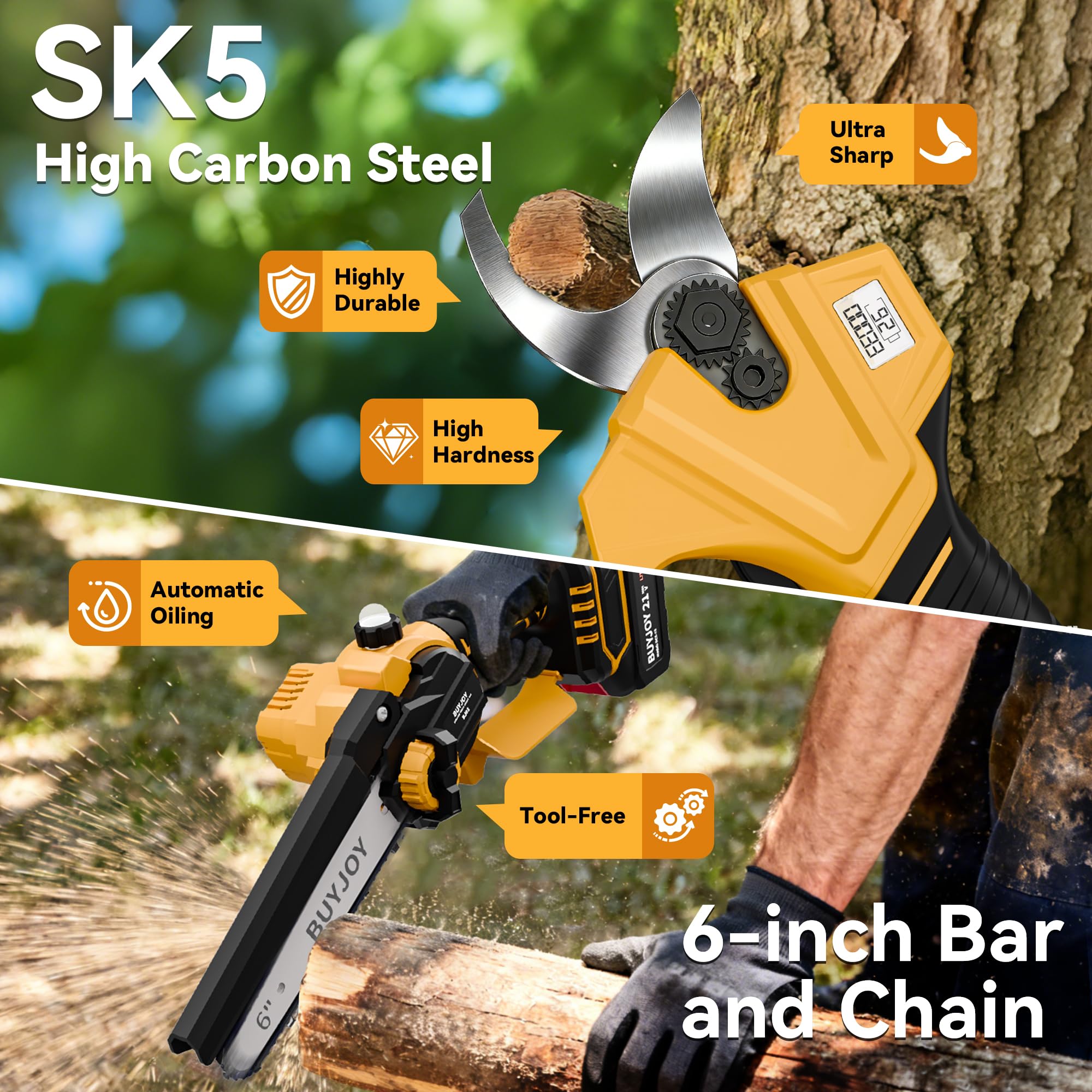 BuyJoy electric pruning shears with SK5 blade delivering clean cuts.