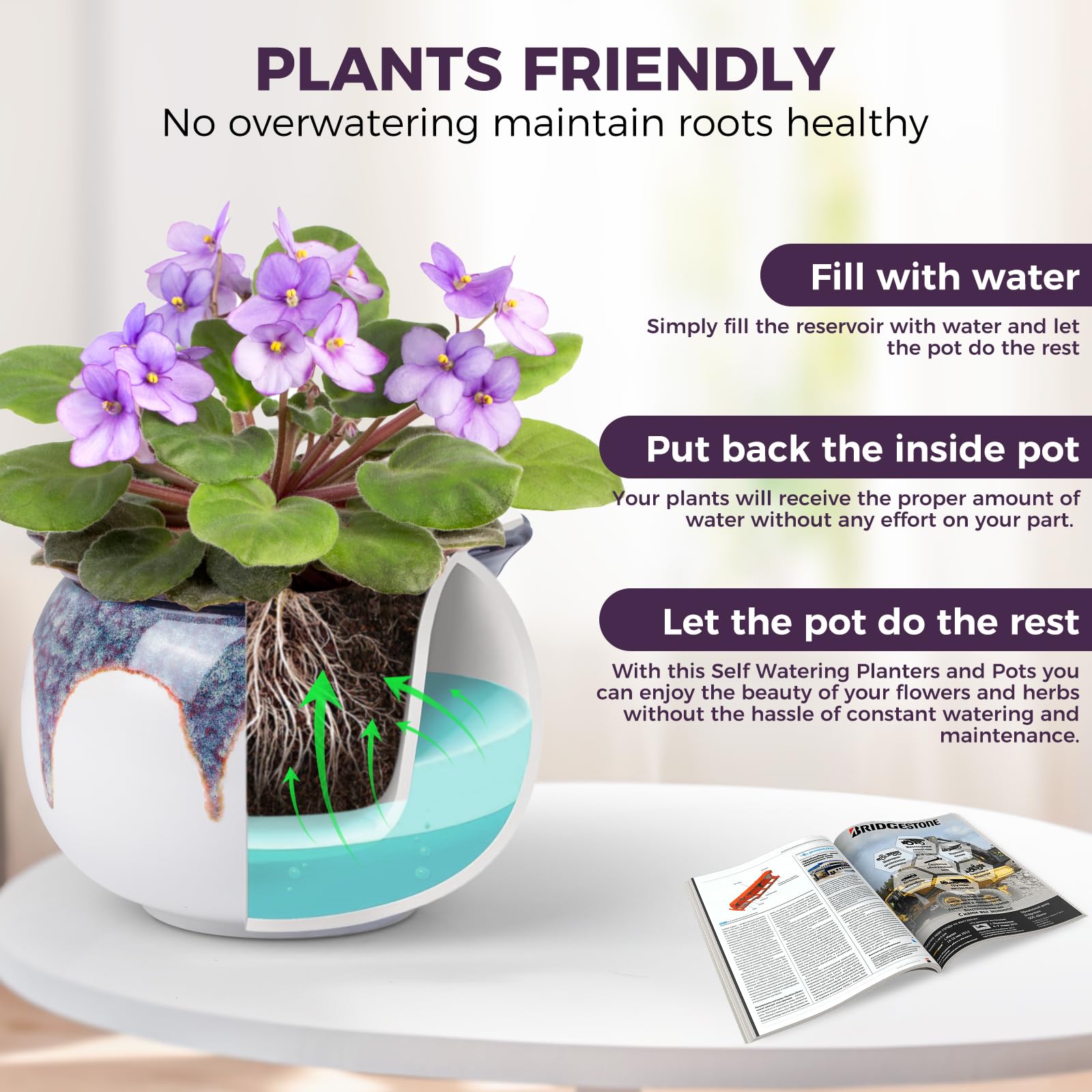 BUYMAX inner pot absorbs water to keep soil evenly moist for healthy roots.