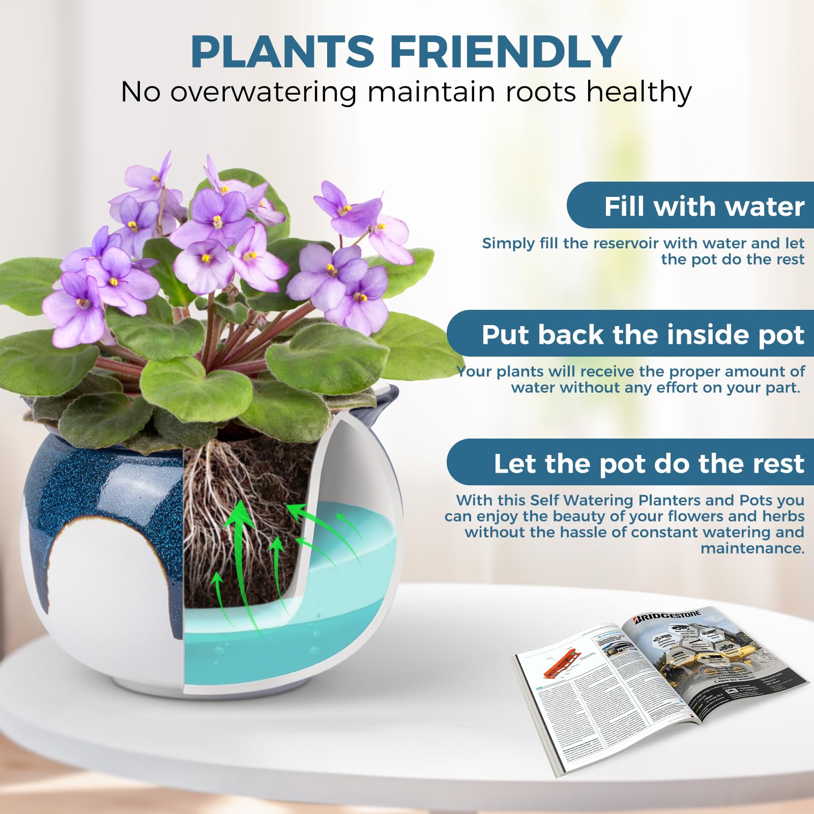 BuyMAX ceramic self-watering pot showing dolomite clay outer with glaze.