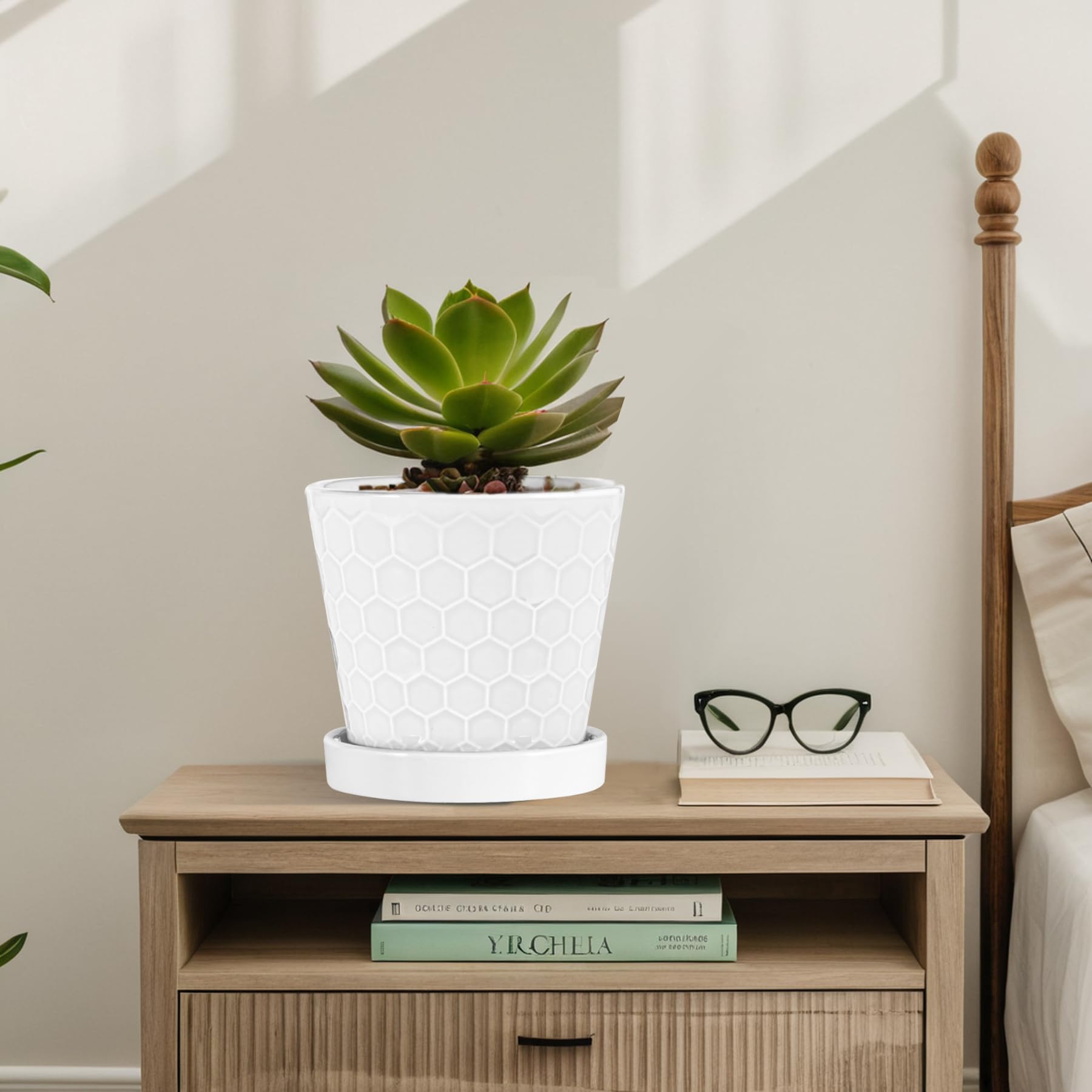 BUYMAX ceramic pot white with tray showcases neat setup for desk or windowsill decor.