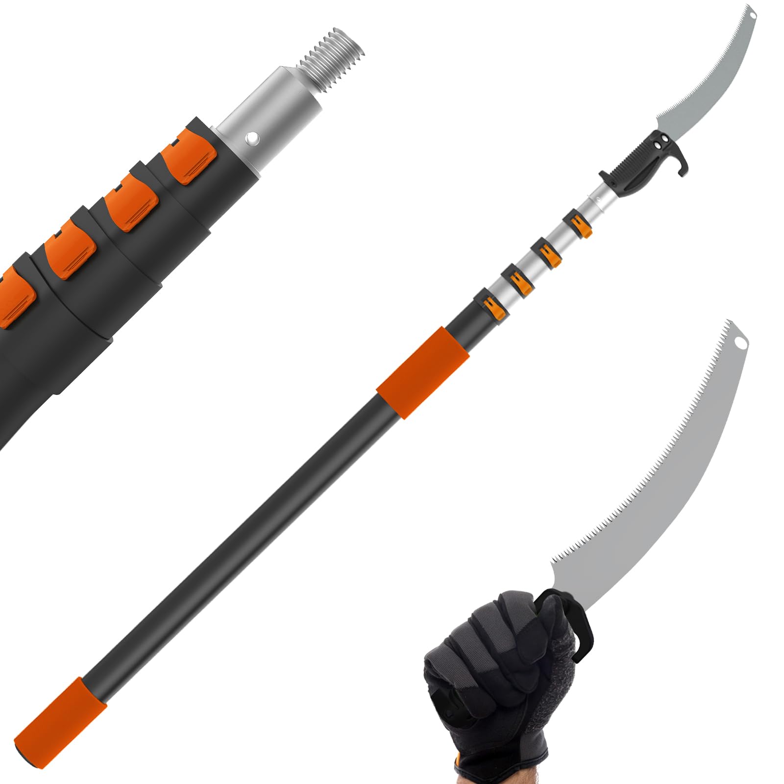 Buyplus 26ft reach pole saw extended in use for high limb pruning with extended reach.