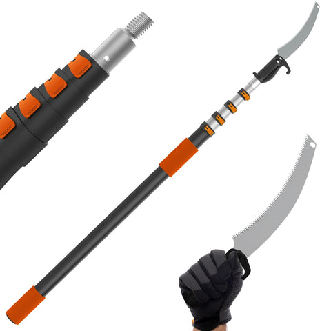 Buyplus 26ft reach pole saw extended in use for high limb pruning with extended reach.