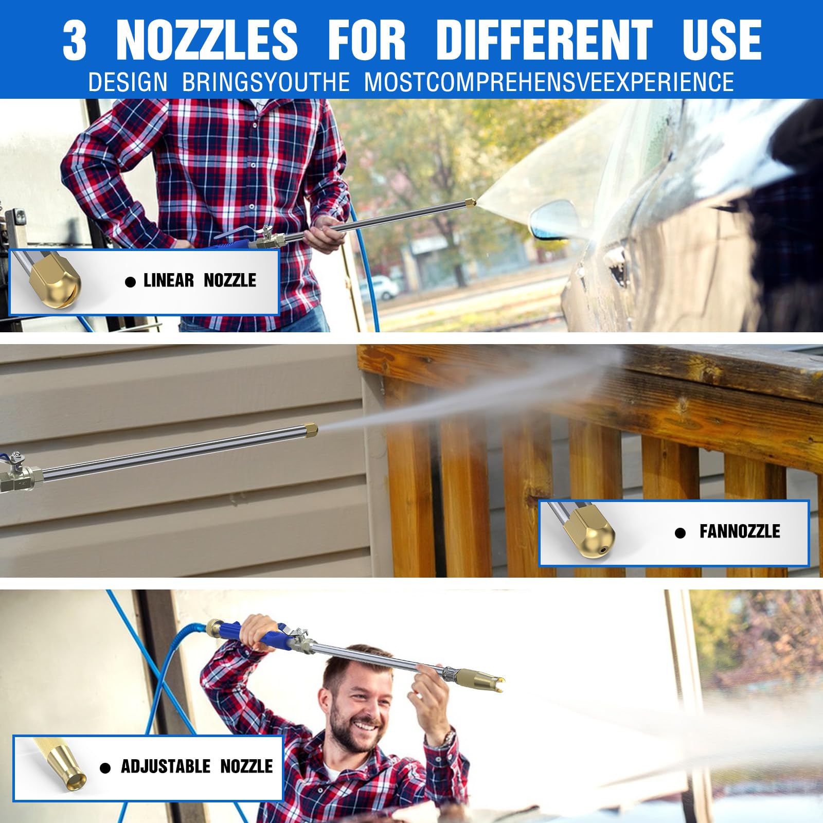 Buyplus 3 spray nozzles provide fan and linear spray options.