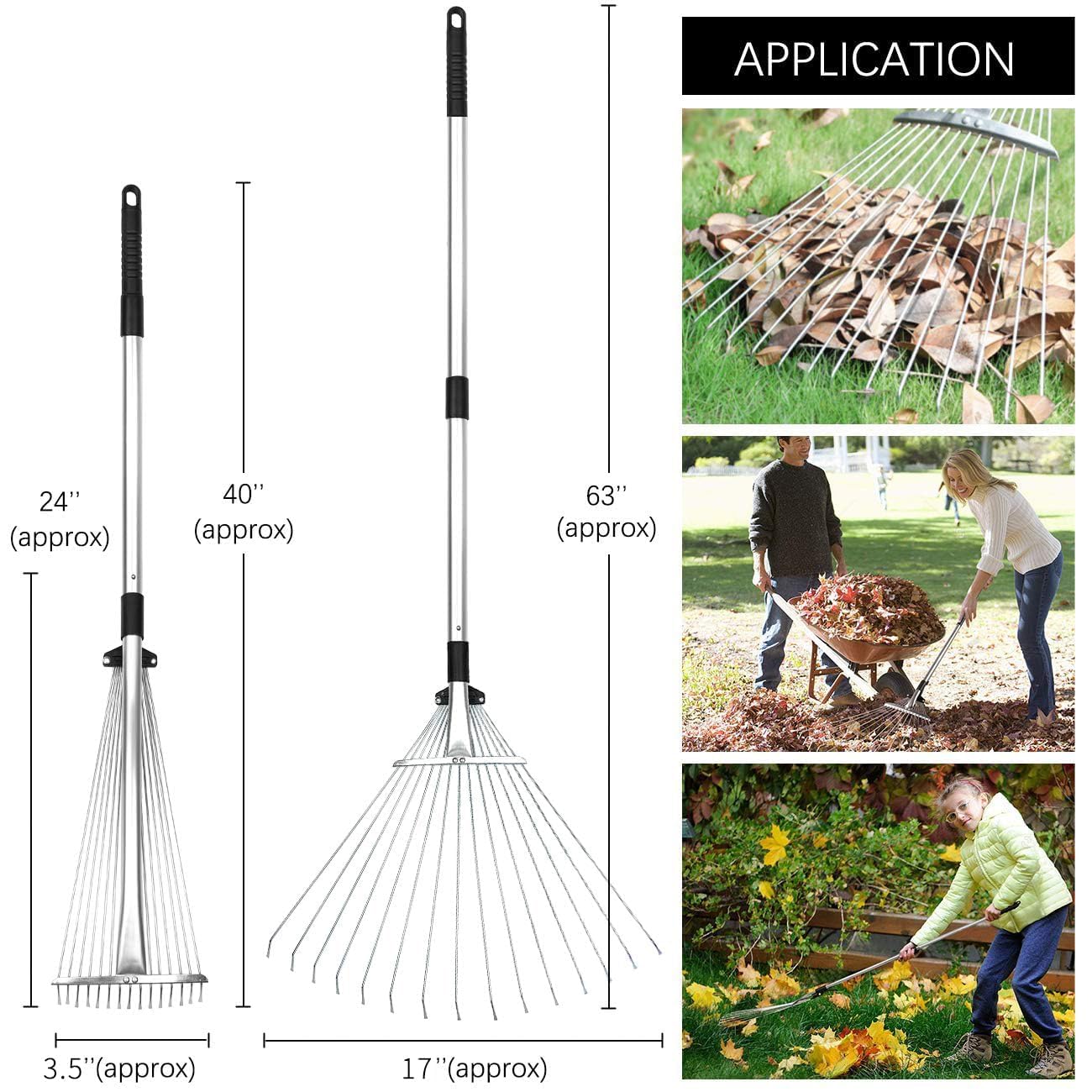 Buyplus leaf rake in use under hedges for debris collection.
