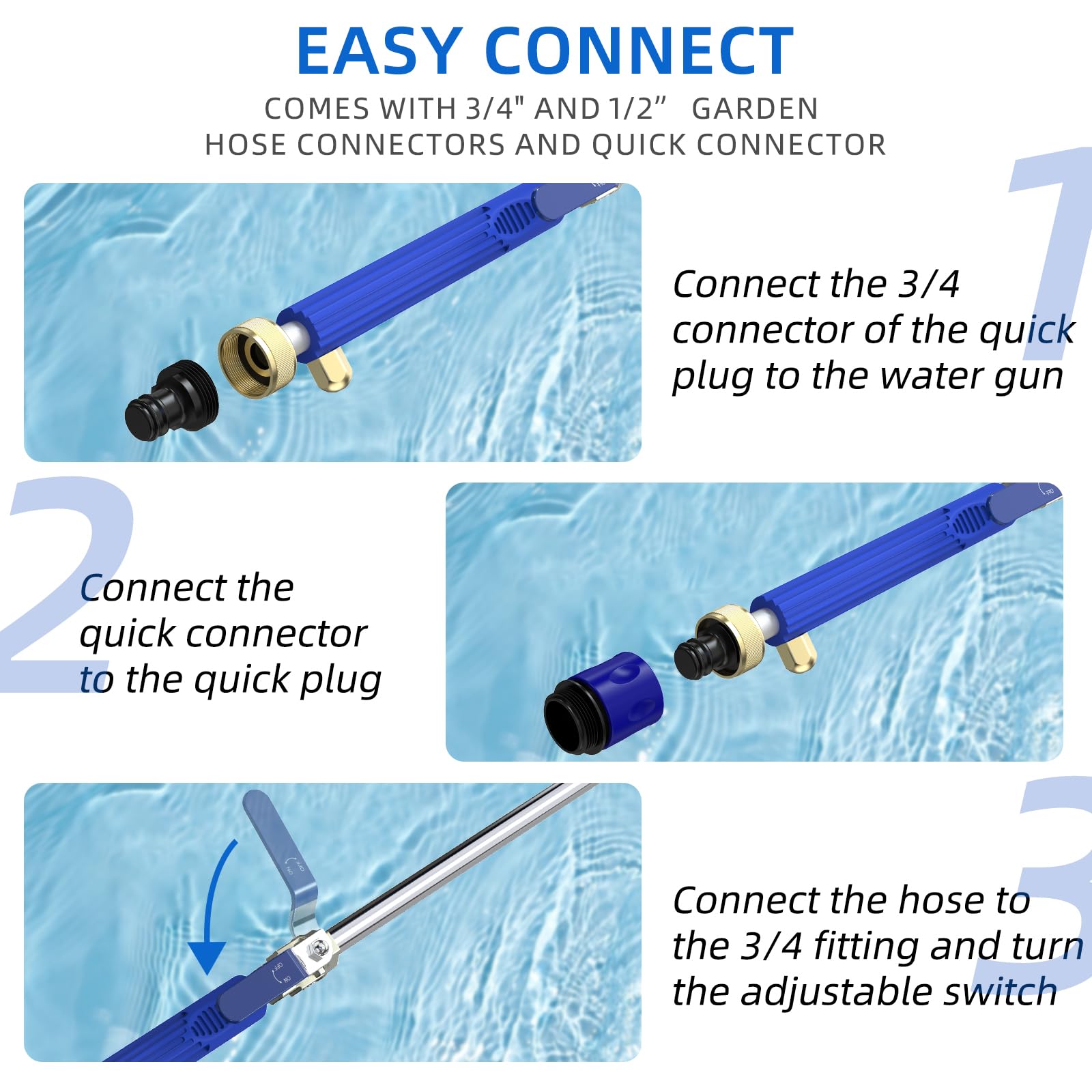 Buyplus quick connectors enable fast, tool-free hose setup.