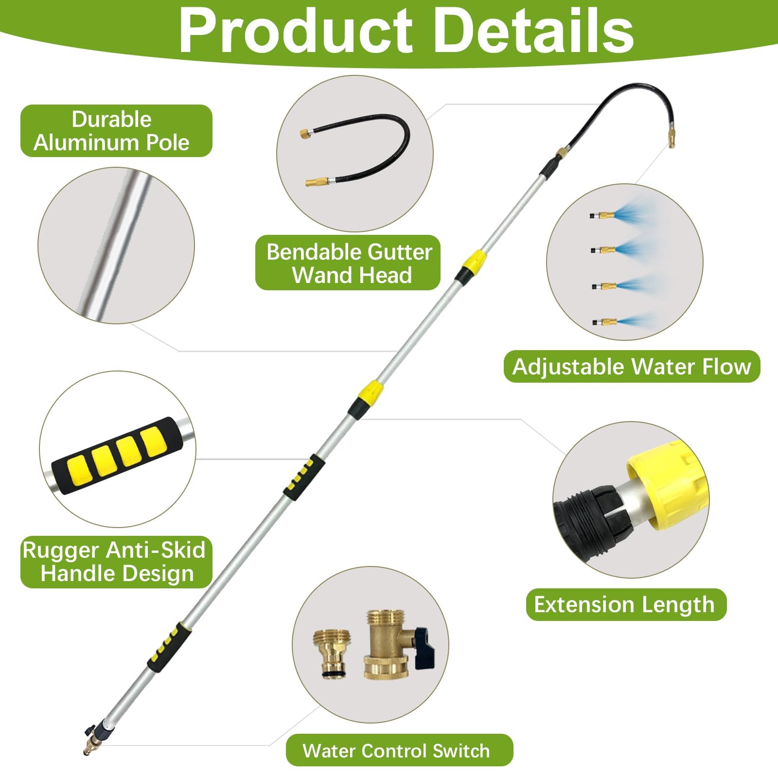 Rotatable wand head for jet or mist spray on gutter cleaning tasks.