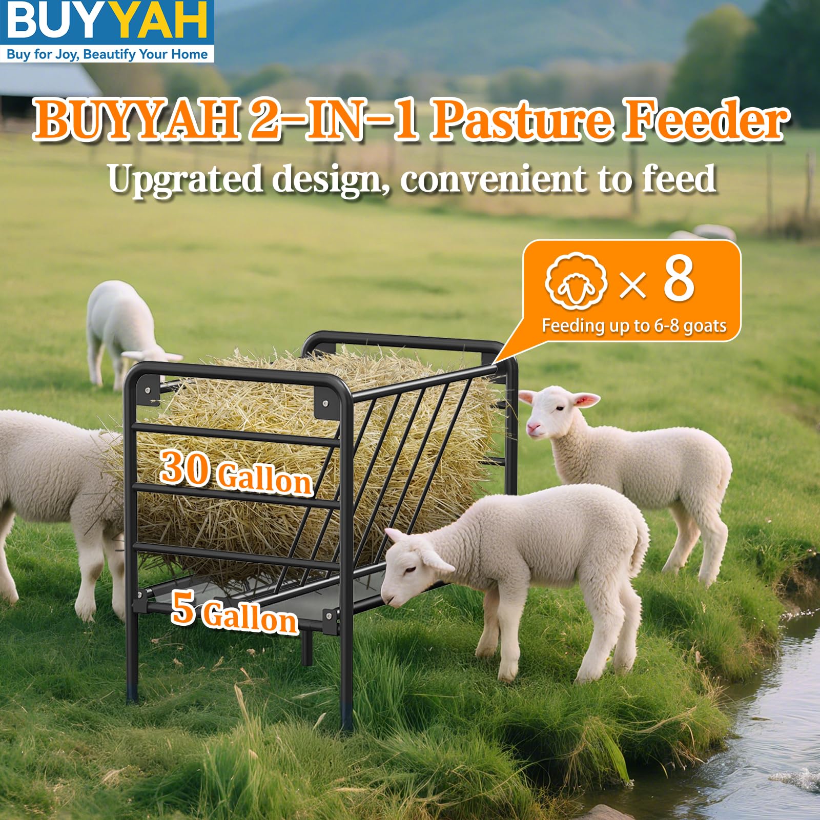 BUYYAH feeder with 35-gallon capacity, ideal for ponies and small herds.