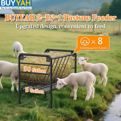BUYYAH feeder with 35-gallon capacity, ideal for ponies and small herds.