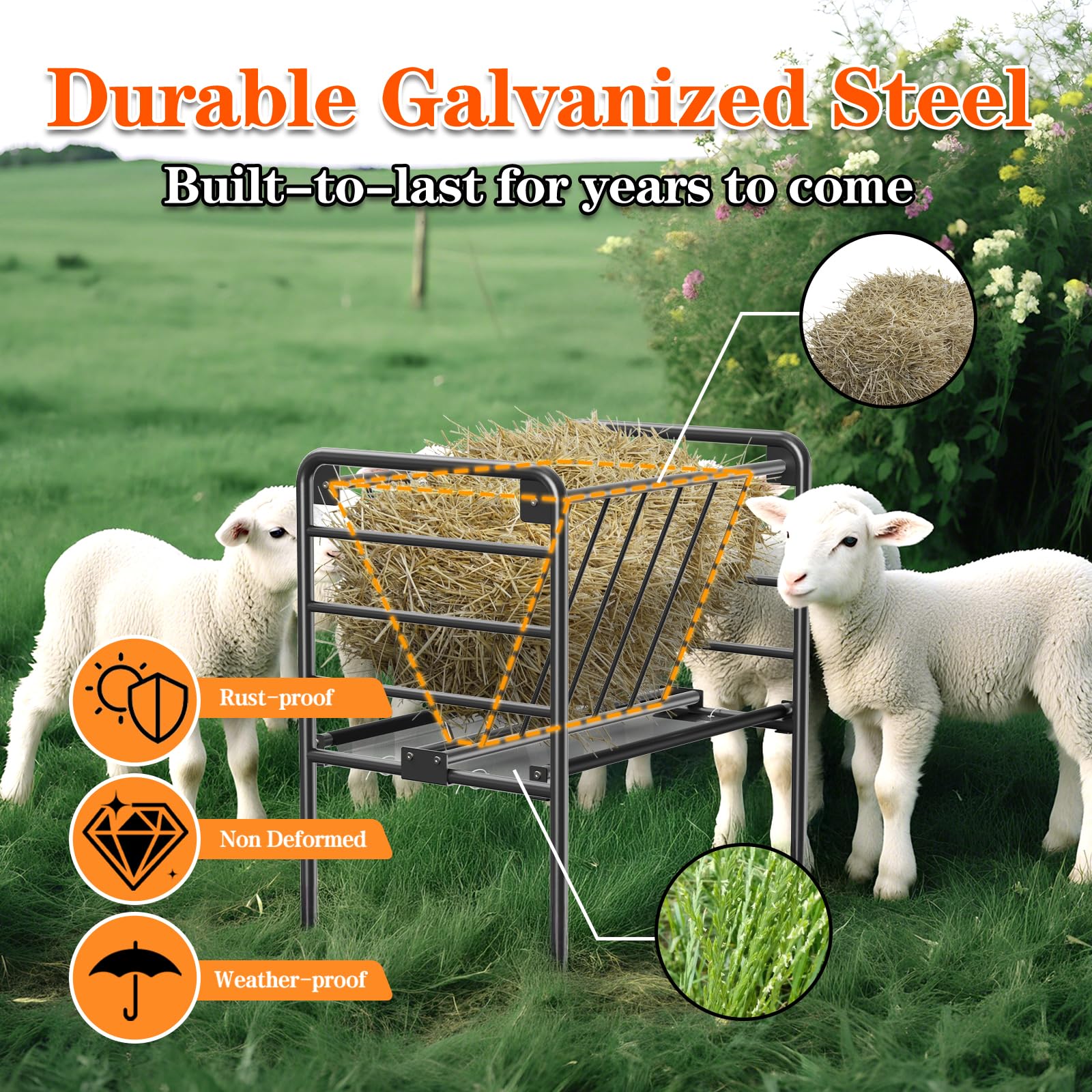 BUYYAH Mini Hay Feeder galvanized steel frame withstands all-weather use.