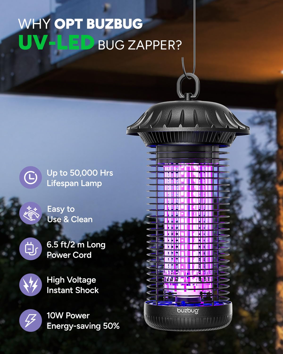 Buzbug MO008C side view highlighting robust outdoor design and wide coverage